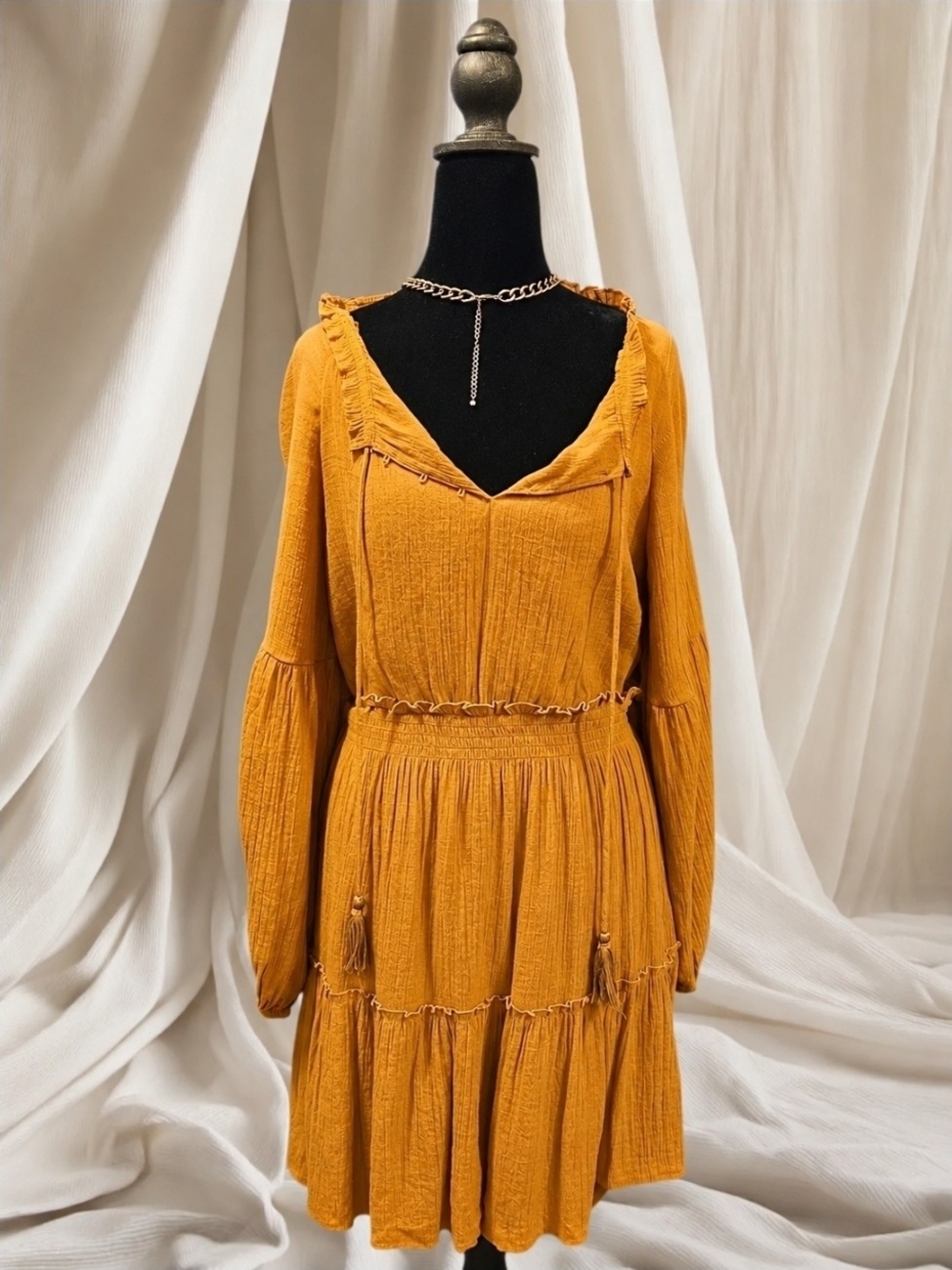 Mustard Gauze Boho Mini Dress Smocked Waist Tiered Peasant Sleeve